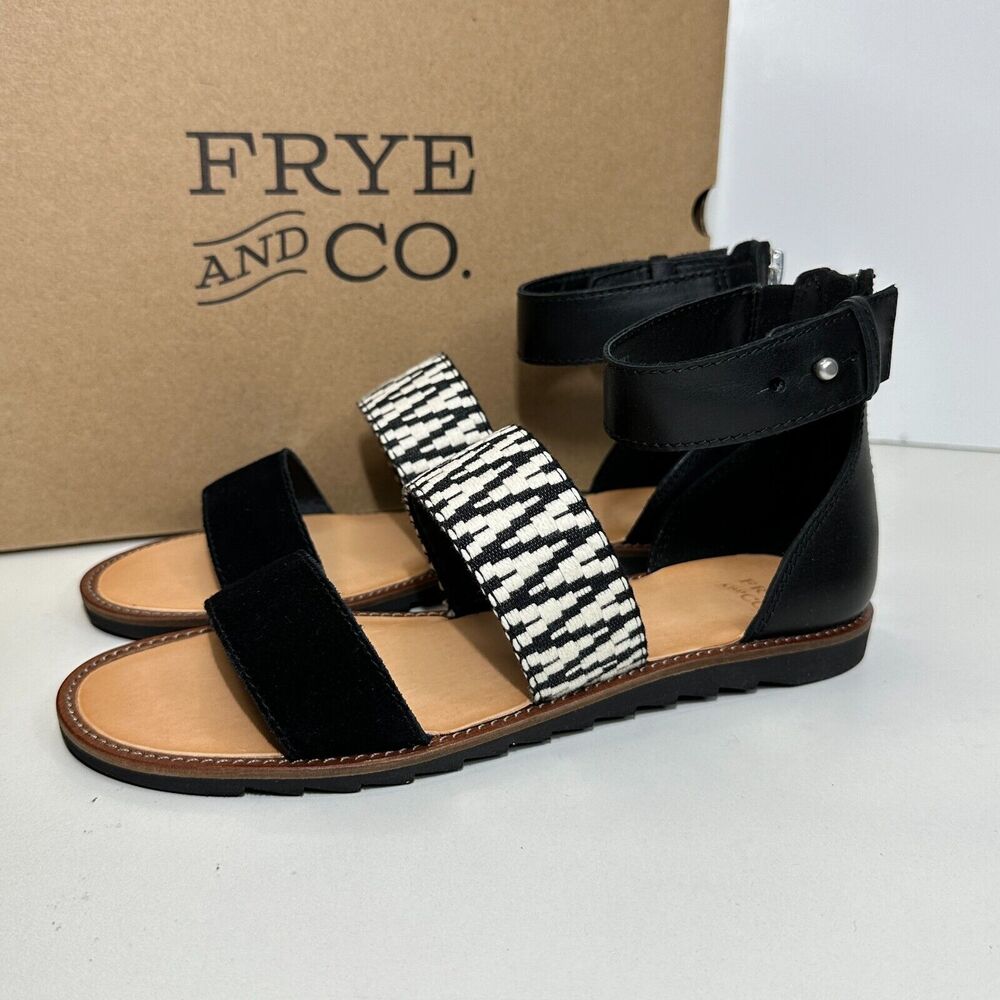 Frye & Co Port to Band Sandal Leather Sandal Black/White Women 6M NWB